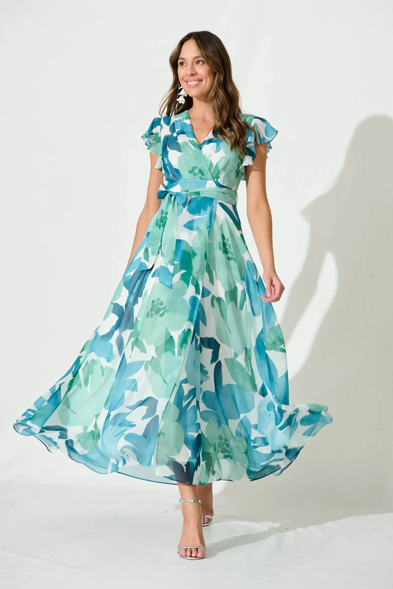 Wynter Maxi Dress In Green And Blue Floral Chiffon sold by St Frock