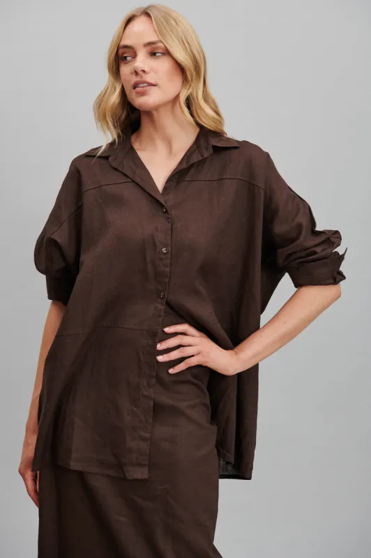 Eline Shirt Chocolate Brown Pure Linen sold by St Frock