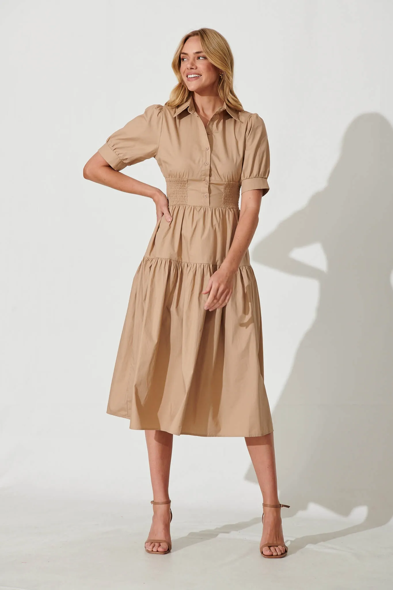 Fairfax Midi Shirt Dress In Taupe Cotton sold by St Frock