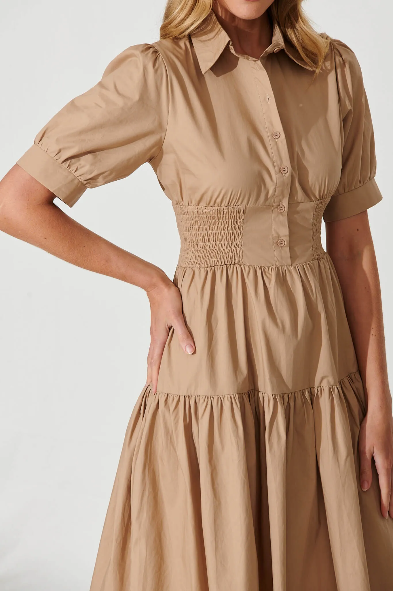 Fairfax Midi Shirt Dress In Taupe Cotton sold by St Frock product image thumbnail 5