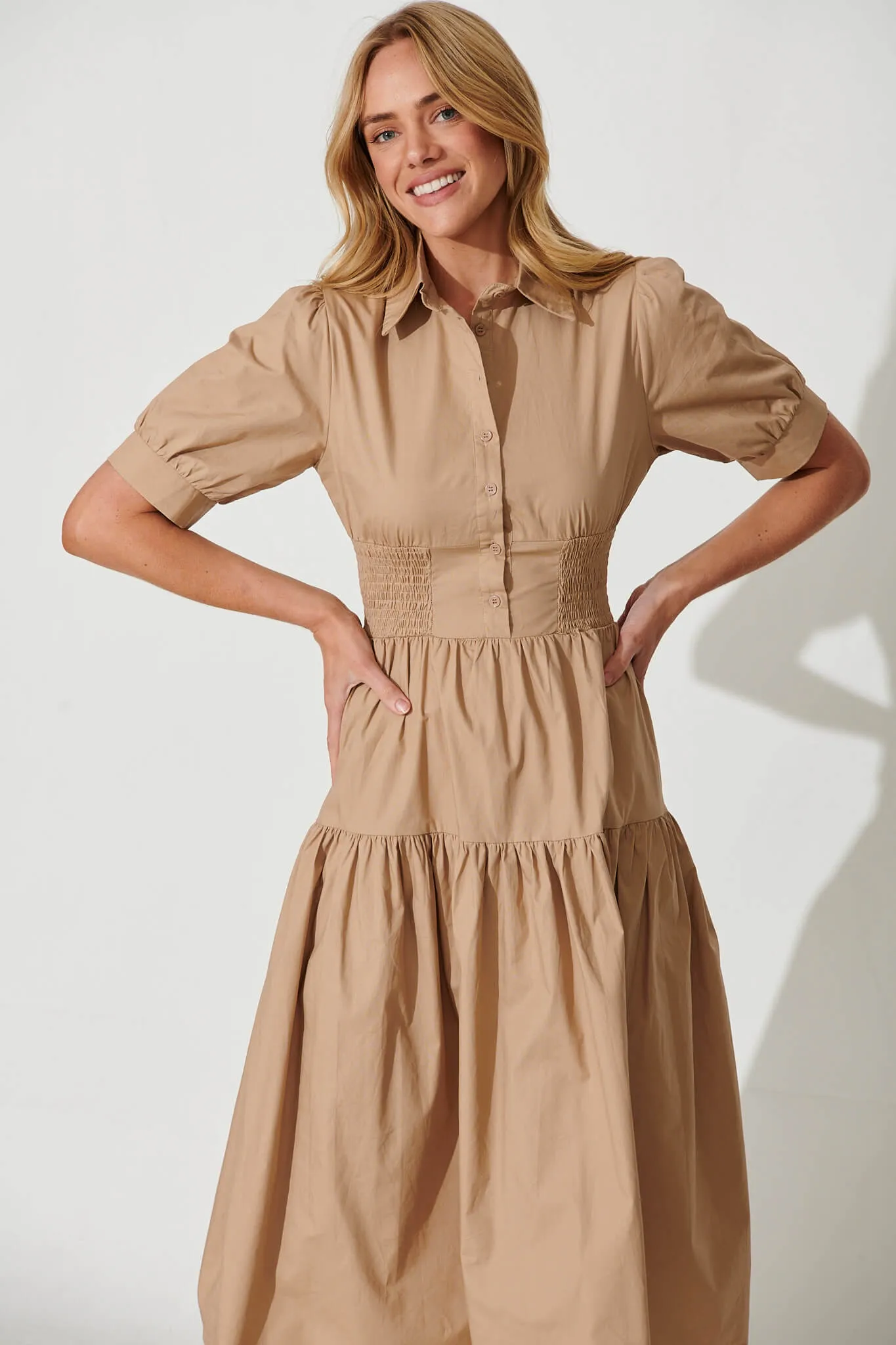 Fairfax Midi Shirt Dress In Taupe Cotton sold by St Frock product image thumbnail 2