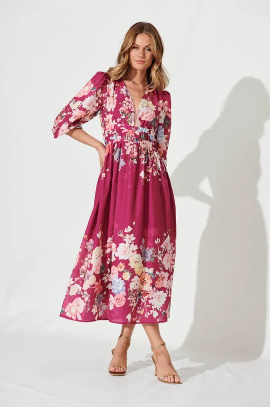 Camie Maxi Dress In Magenta With Blush Floral sold by St Frock