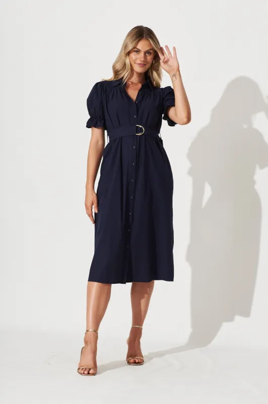Sicilly Midi Shirt Dress In Navy Cotton sold by St Frock