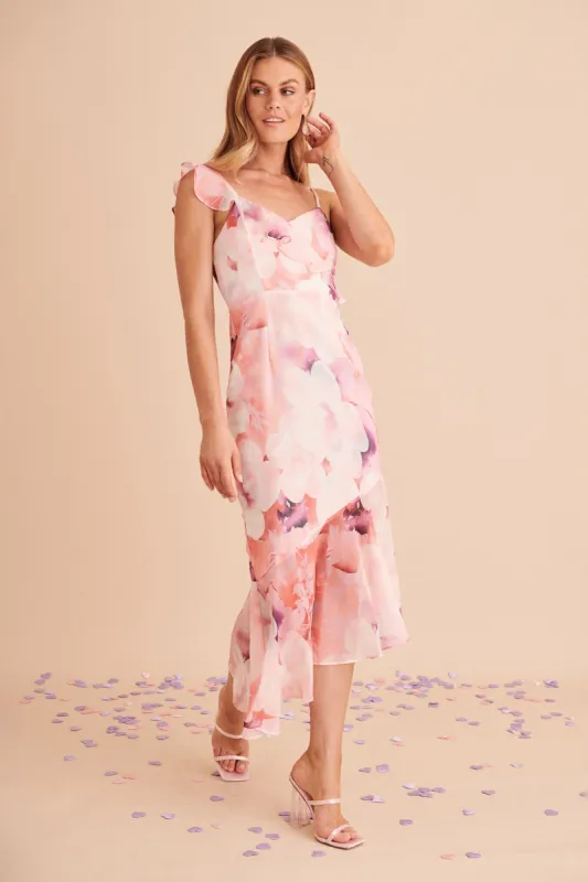 Rosy Midi Dress In Pink Multi Floral Chiffon sold by St Frock