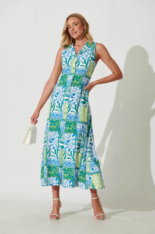Remember Maxi Shirt Dress In Blue And Green Linen Blend sold by St Frock
