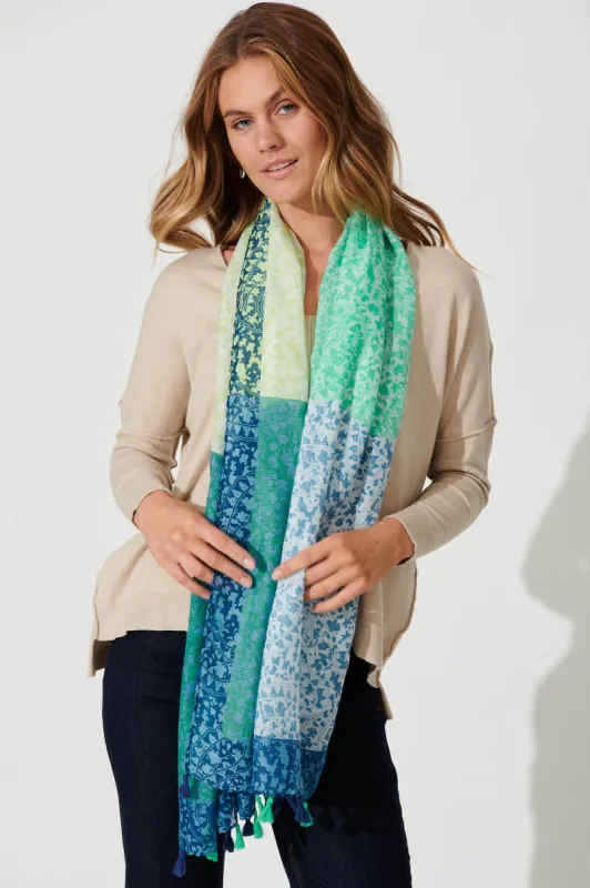 Hepburn Scarf In Multi Green Cotton Blend sold by St Frock