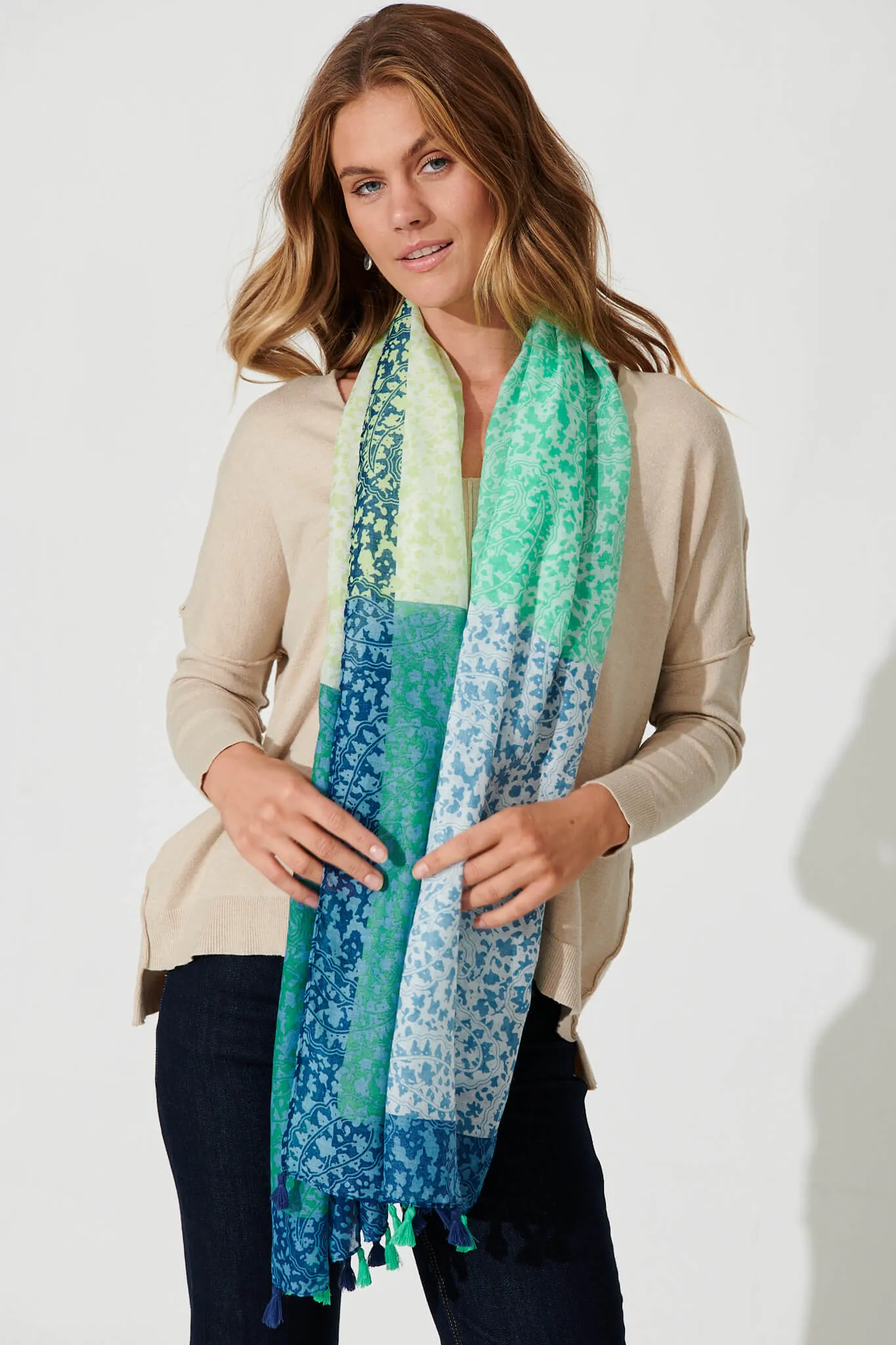 Hepburn Scarf In Multi Green Cotton Blend sold by St Frock