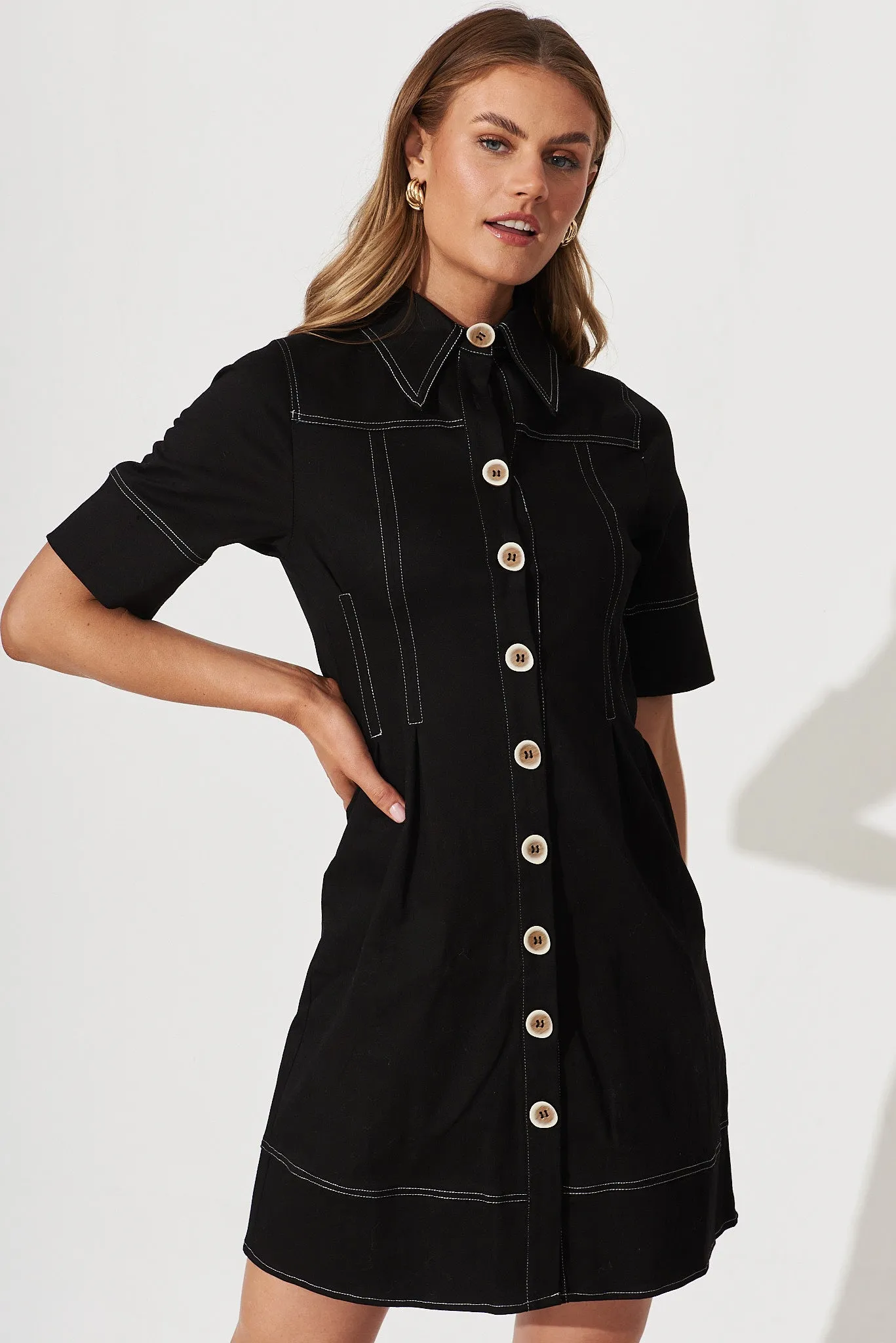 Soleil Shirt Dress In Black Cotton Blend sold by St Frock product image thumbnail 2
