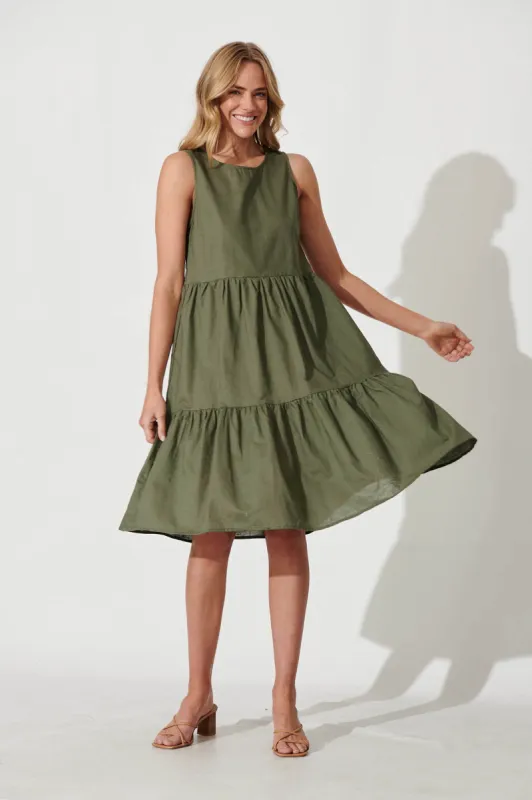 Nayeli Midi Dress In Khaki Linen Blend sold by St Frock