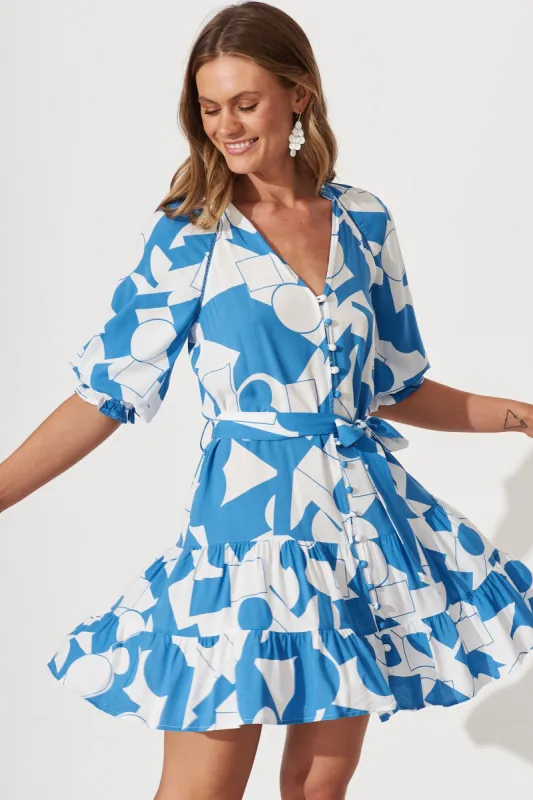 Love Ya Dress In Blue And White Geometric Print sold by St Frock