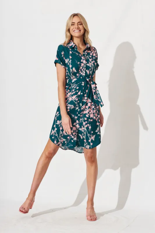 Maddison Shirt Dress In Teal With Pink Cherry Blossom sold by St Frock