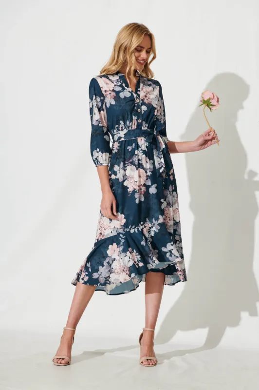 Jemimah Midi Dress In Teal With Blush Floral Print sold by St Frock