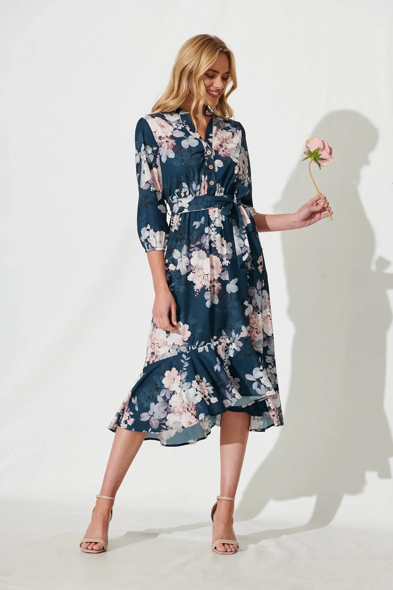Jemimah Midi Dress In Teal With Blush Floral Print sold by St Frock