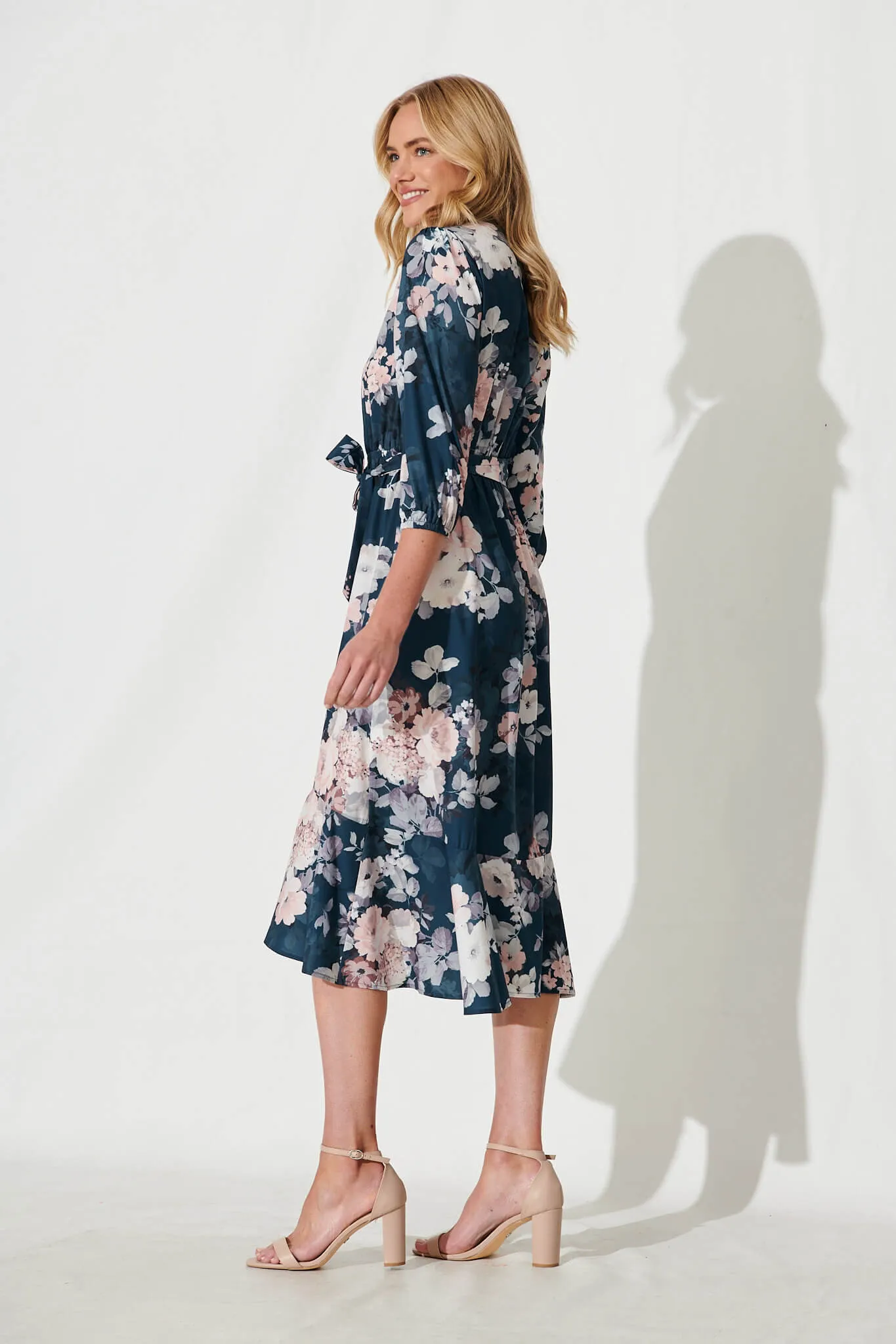 Jemimah Midi Dress In Teal With Blush Floral Print sold by St Frock product image thumbnail 3