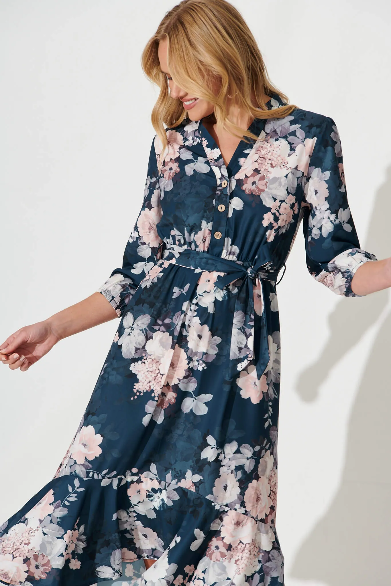 Jemimah Midi Dress In Teal With Blush Floral Print sold by St Frock product image thumbnail 2