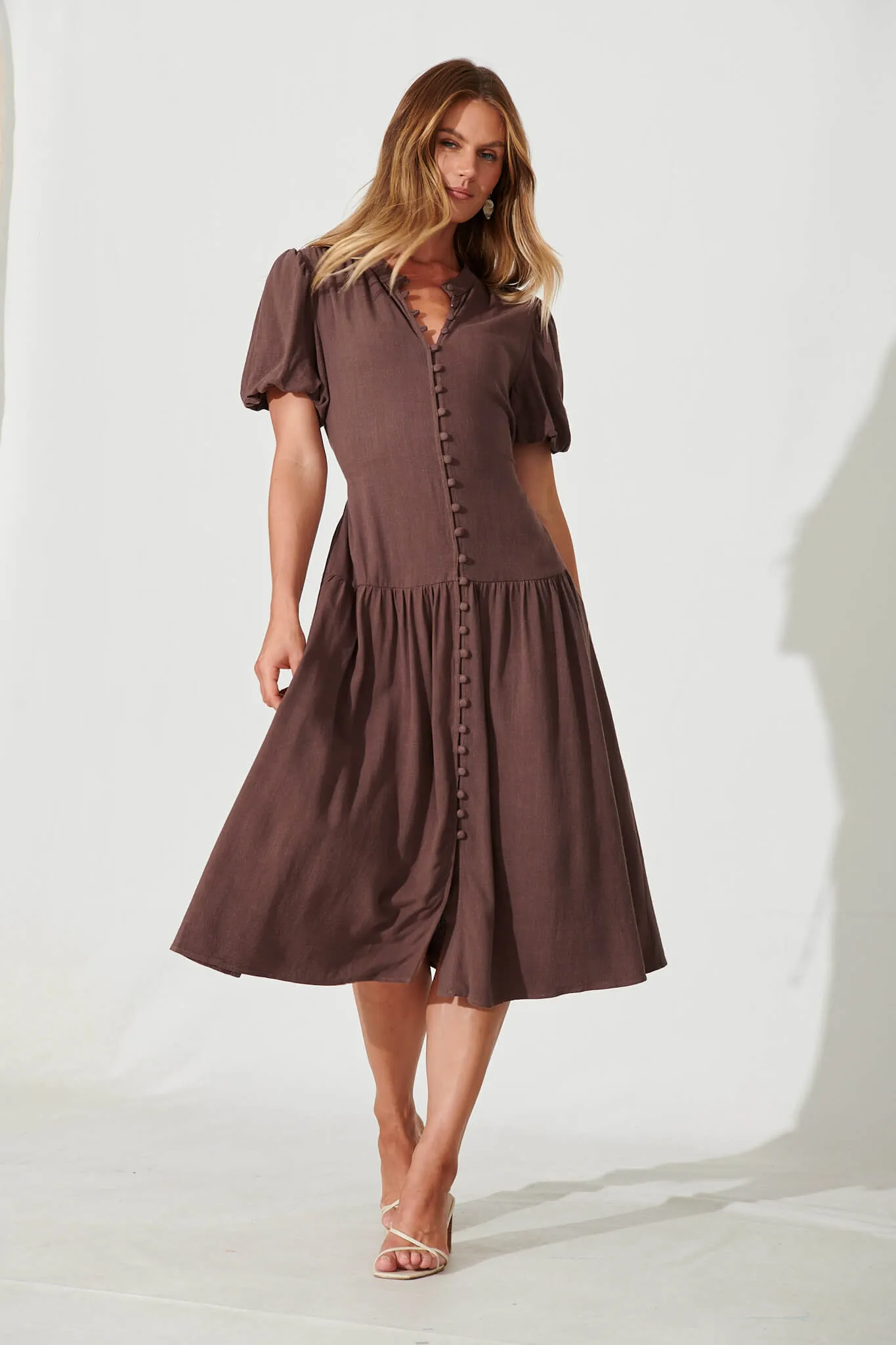 Everyday Midi Dress In Mocha Linen Blend sold by St Frock