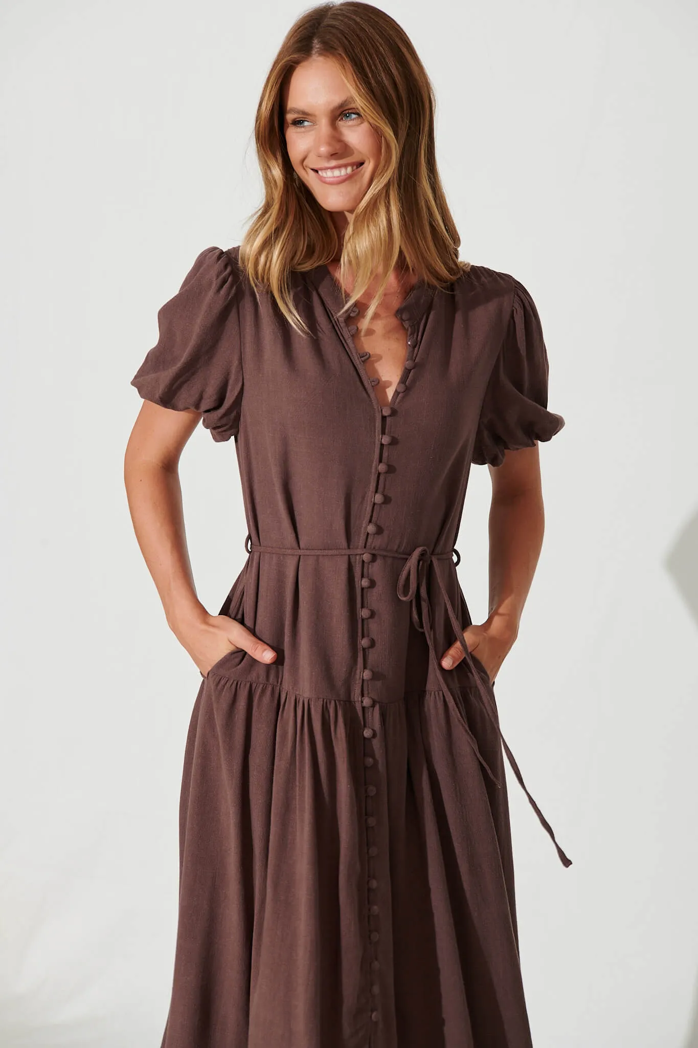 Everyday Midi Dress In Mocha Linen Blend sold by St Frock product image thumbnail 2
