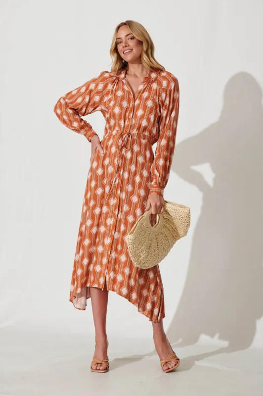 Neroli Midi Shirt Dress In Rust Geo Print sold by St Frock