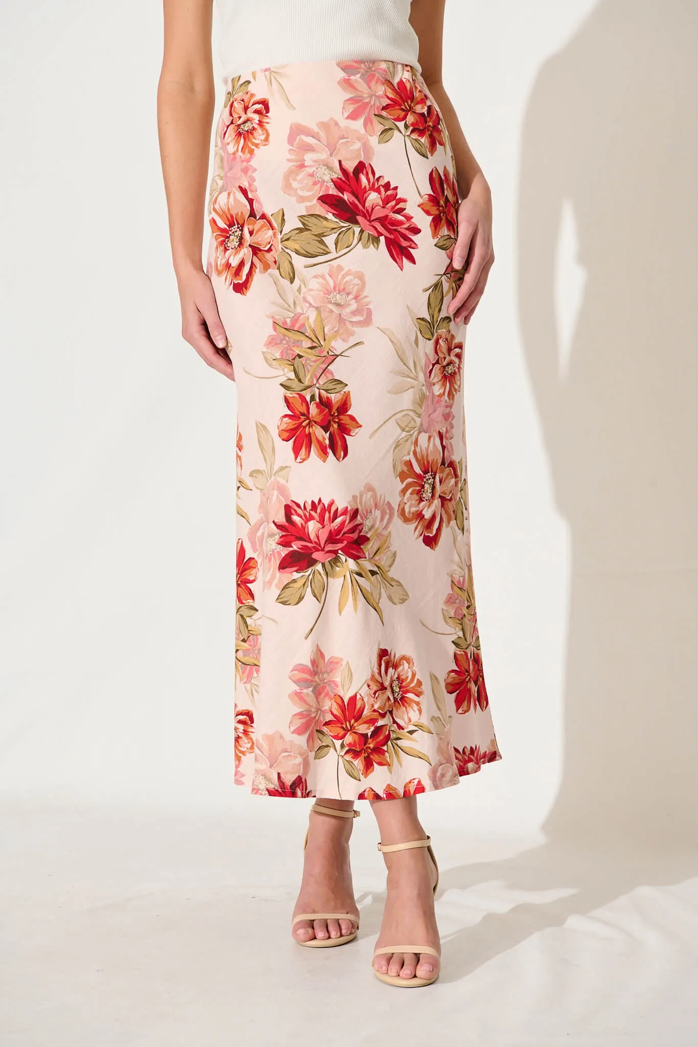 Jett Maxi Skirt In Pink With Multi Floral Linen Blend sold by St Frock