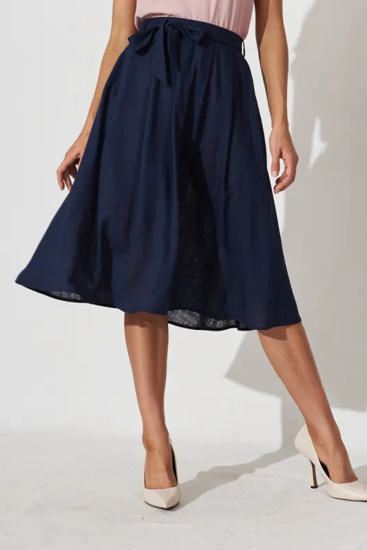 Bailey Midi Skirt In Navy Linen sold by St Frock
