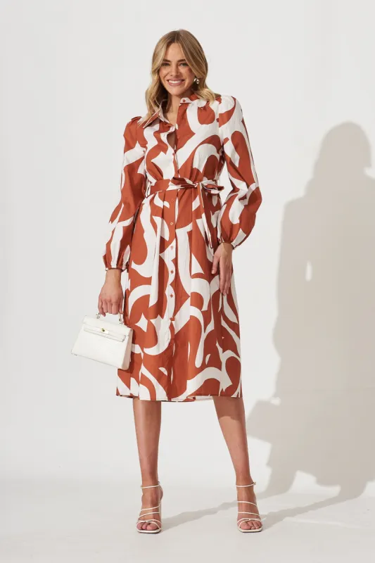 Jill Midi Shirt Dress In Rust With White Print Cotton sold by St Frock