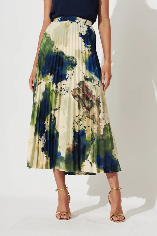 Allison Midi Pleat Skirt In Green With Navy Print sold by St Frock