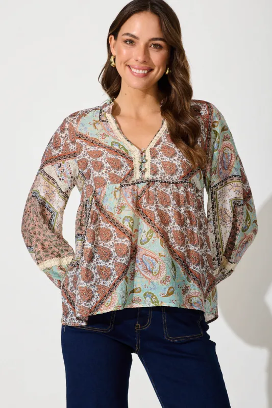 Samara Top In Multi Boho Patchwork Cotton Blend sold by St Frock