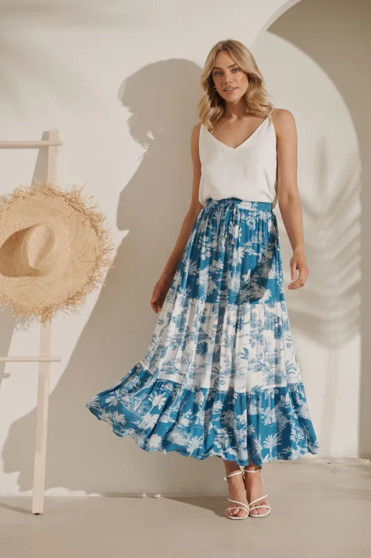 Oasis Maxi Skirt In Blue With White Palm Print sold by St Frock