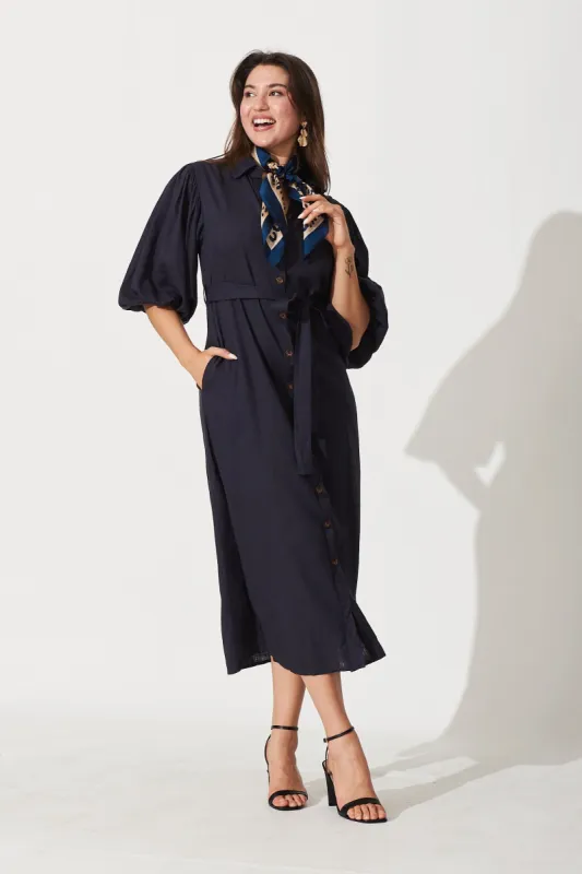 Admire Maxi Shirt Dress In Navy Cotton Linen Blend sold by St Frock