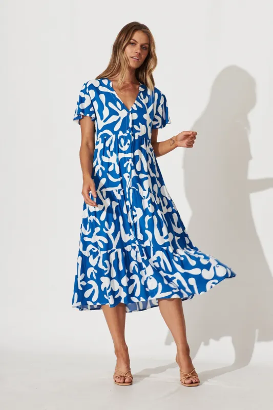 Monaco Midi Smock Dress In Blue With White Print sold by St Frock