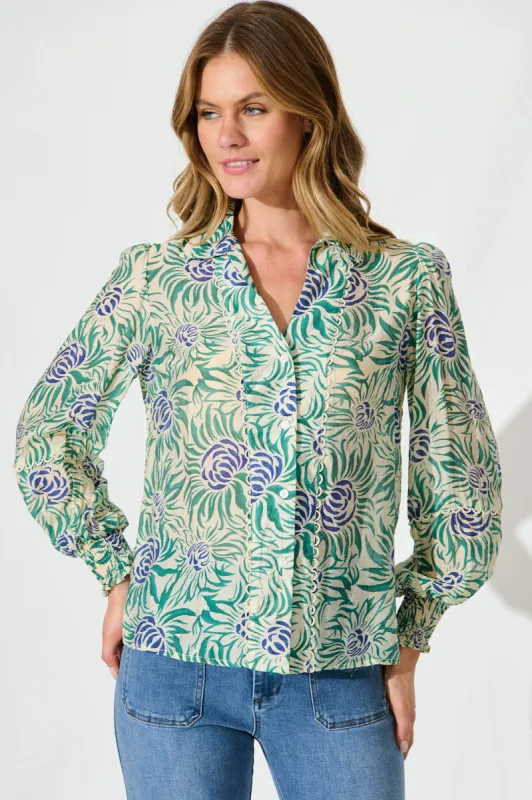Nat Shirt In Cream With Green Flower sold by St Frock