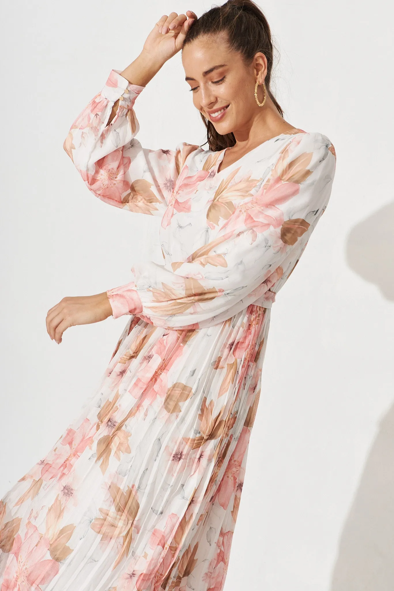 Radwell Maxi Dress In White With Peach Floral Chiffon sold by St Frock product image thumbnail 2