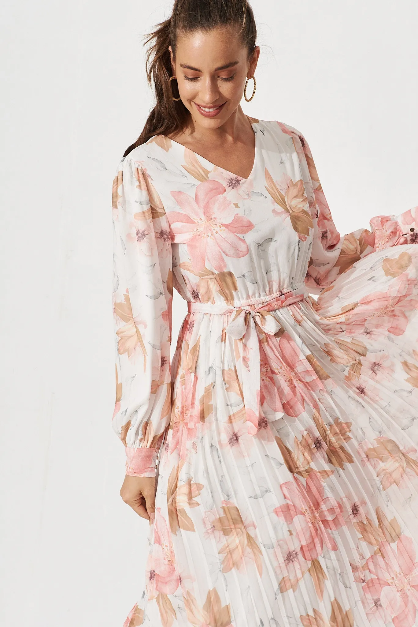 Radwell Maxi Dress In White With Peach Floral Chiffon sold by St Frock product image thumbnail 5