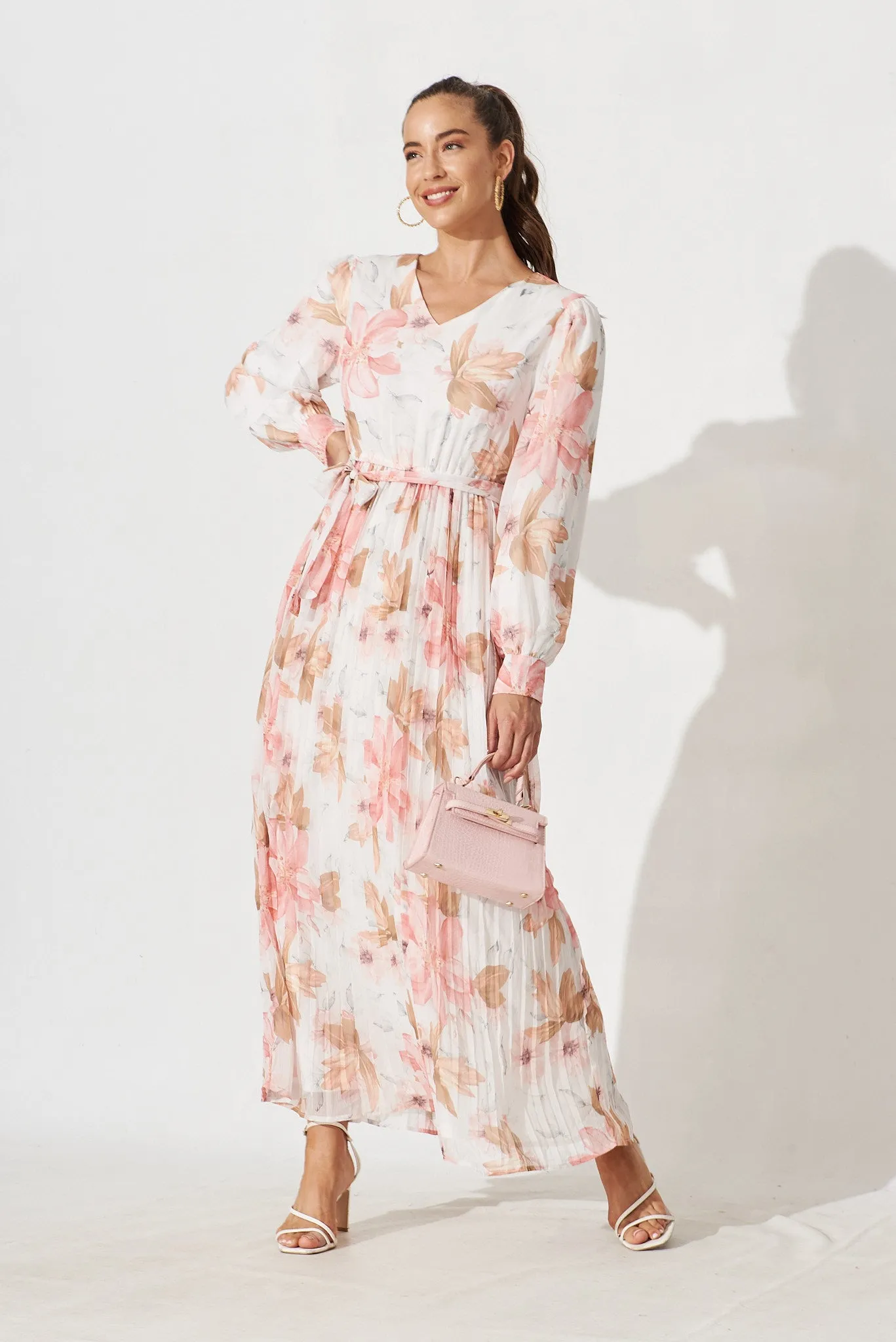 Radwell Maxi Dress In White With Peach Floral Chiffon sold by St Frock