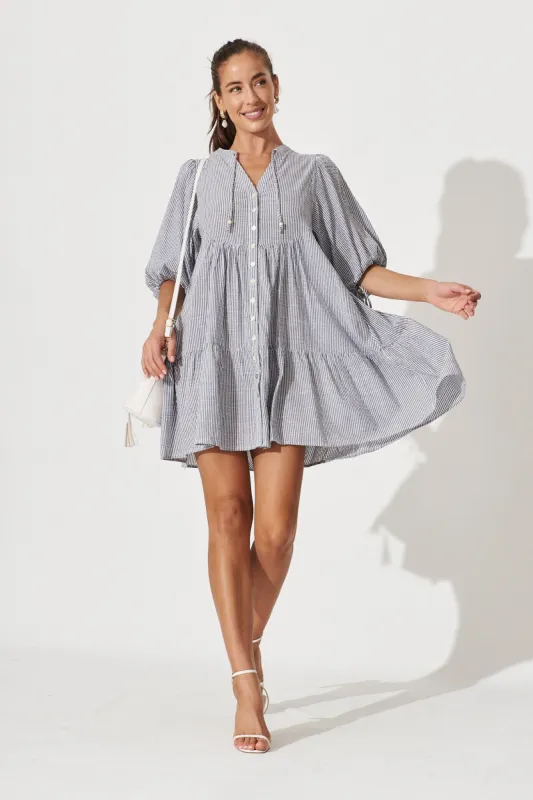 Aine Shirt Dress In Grey Stripe Cotton sold by St Frock
