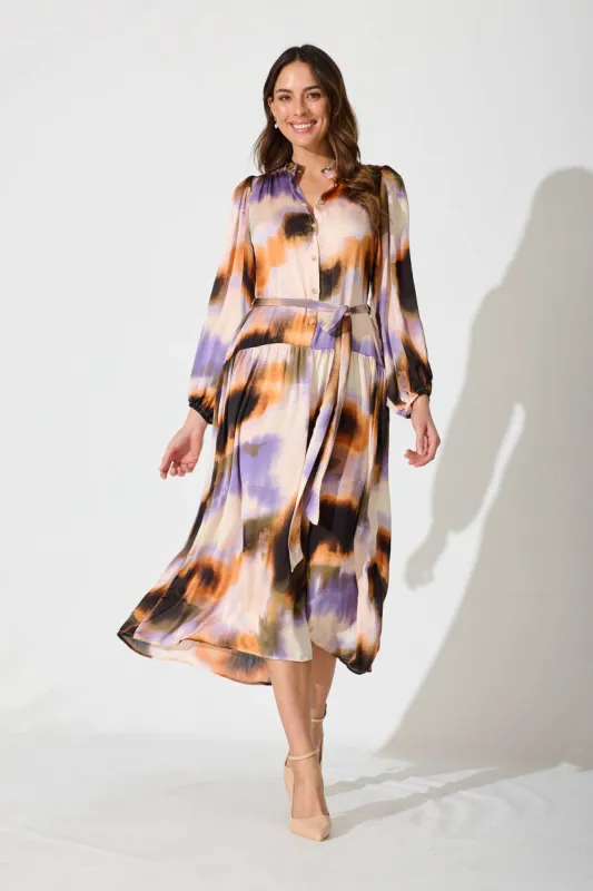 Pippa Maxi Dress In Lilac And Rust Print Chiffon sold by St Frock