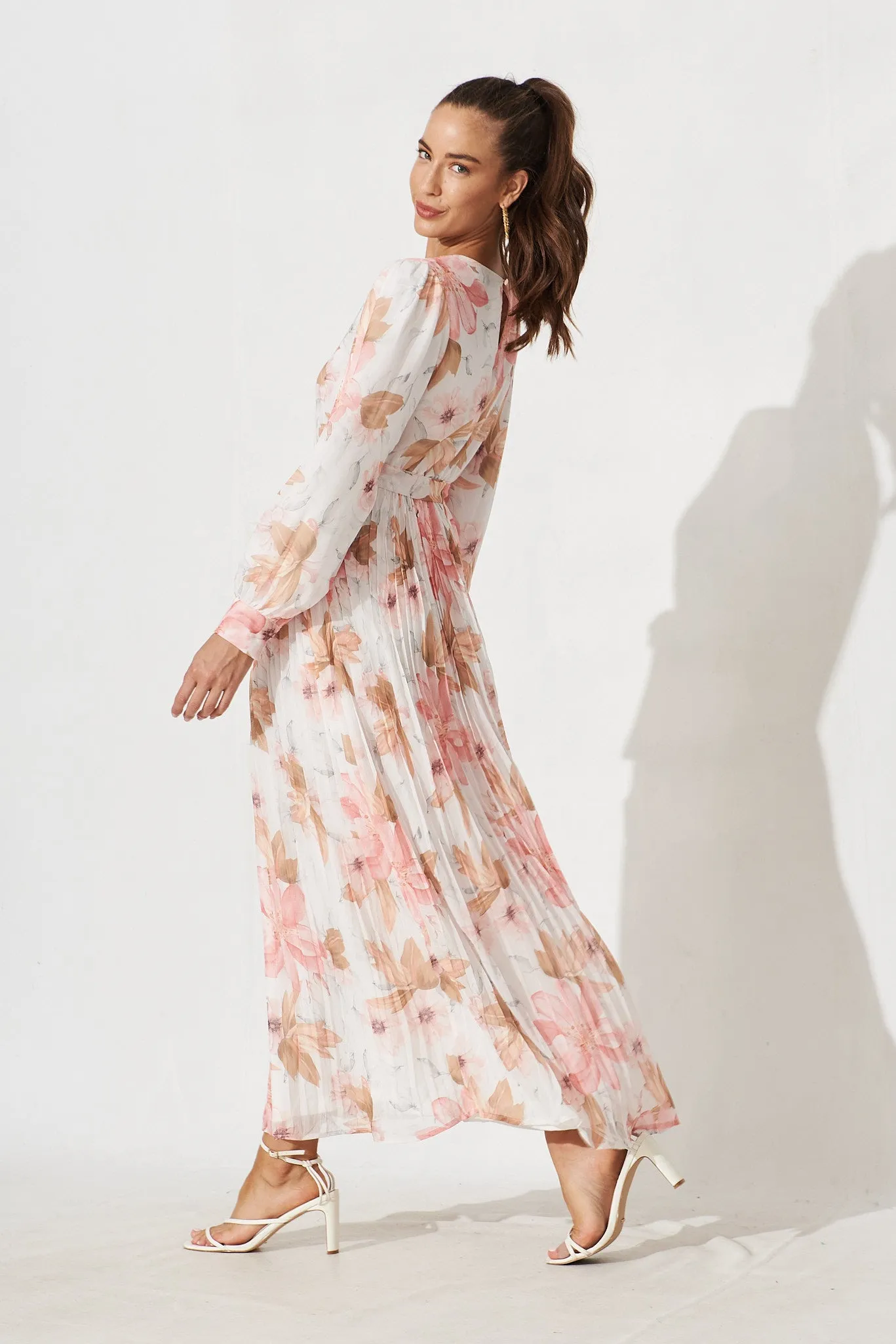 Radwell Maxi Dress In White With Peach Floral Chiffon sold by St Frock product image thumbnail 3