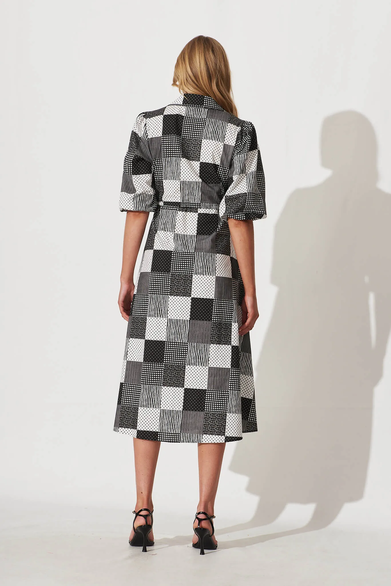 Davina Midi Shirt Dress In Black And White Patchwork Cotton sold by St Frock product image thumbnail 4