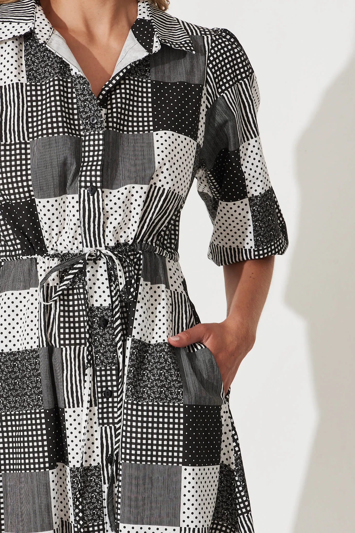 Davina Midi Shirt Dress In Black And White Patchwork Cotton sold by St Frock product image thumbnail 5