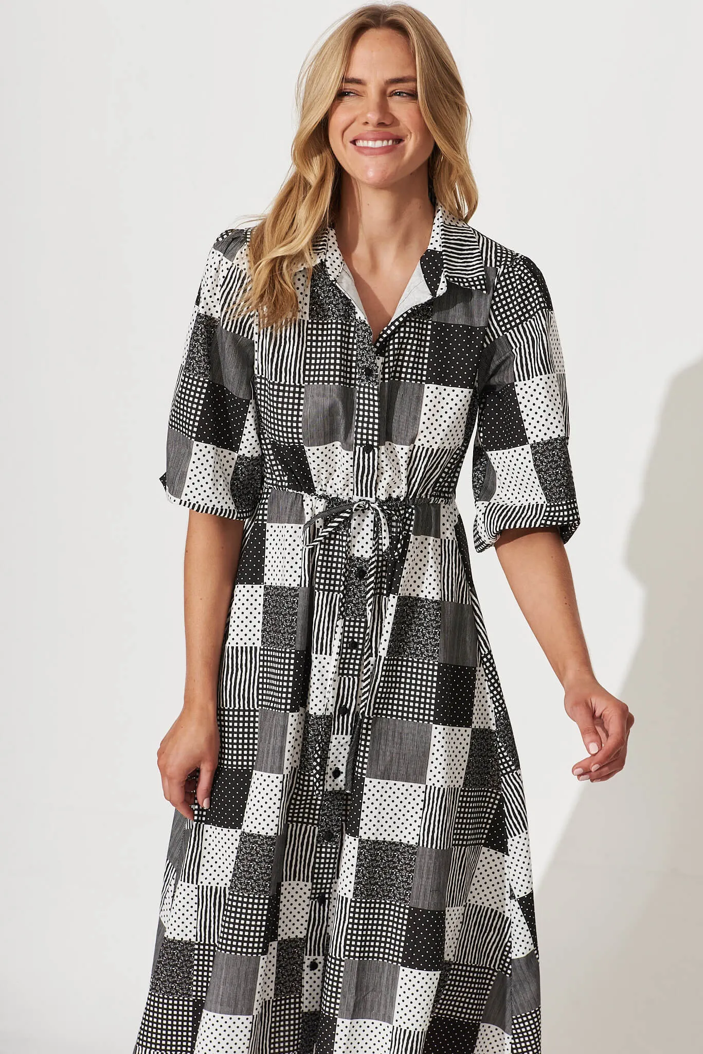 Davina Midi Shirt Dress In Black And White Patchwork Cotton sold by St Frock product image thumbnail 2