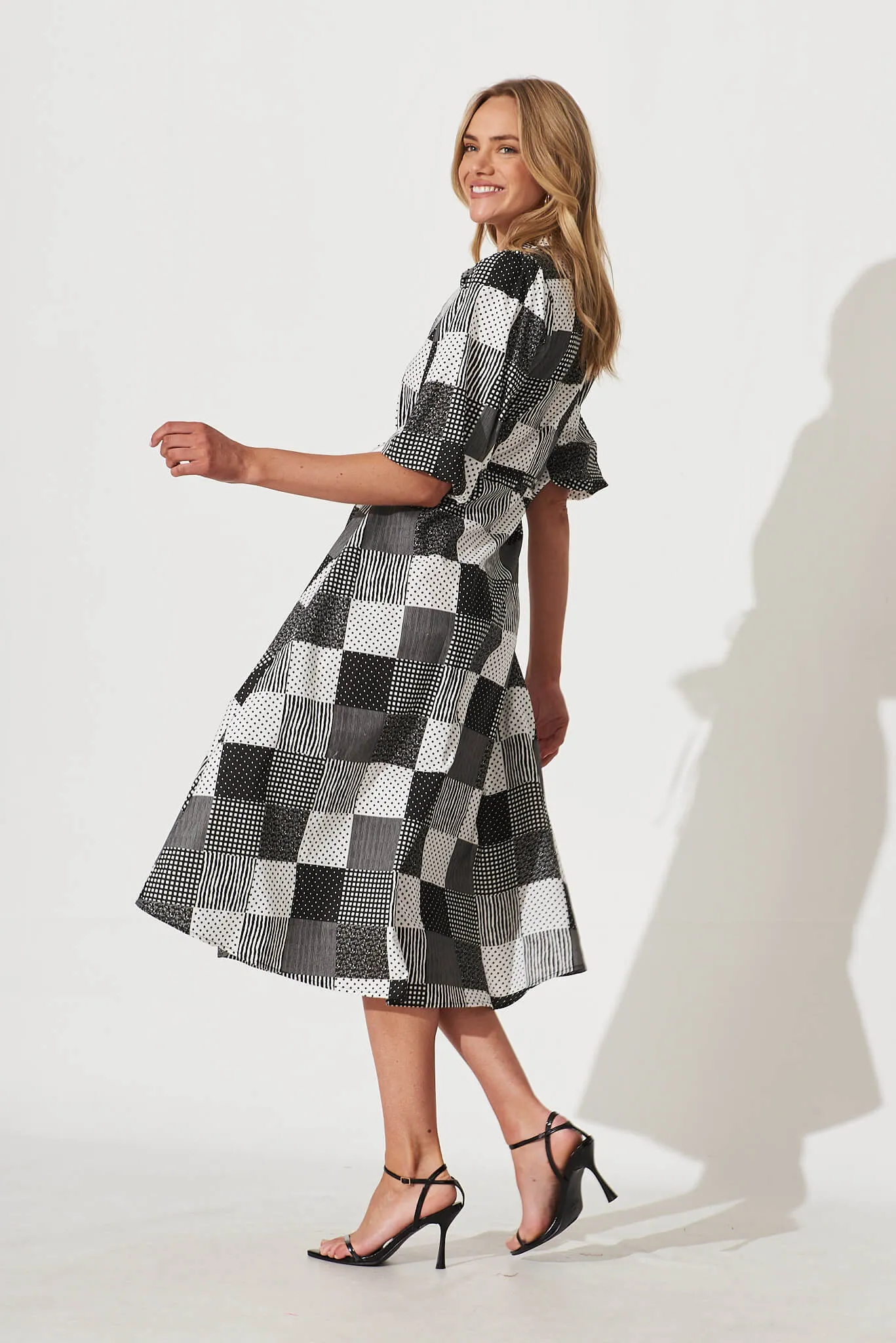 Davina Midi Shirt Dress In Black And White Patchwork Cotton sold by St Frock product image thumbnail 3