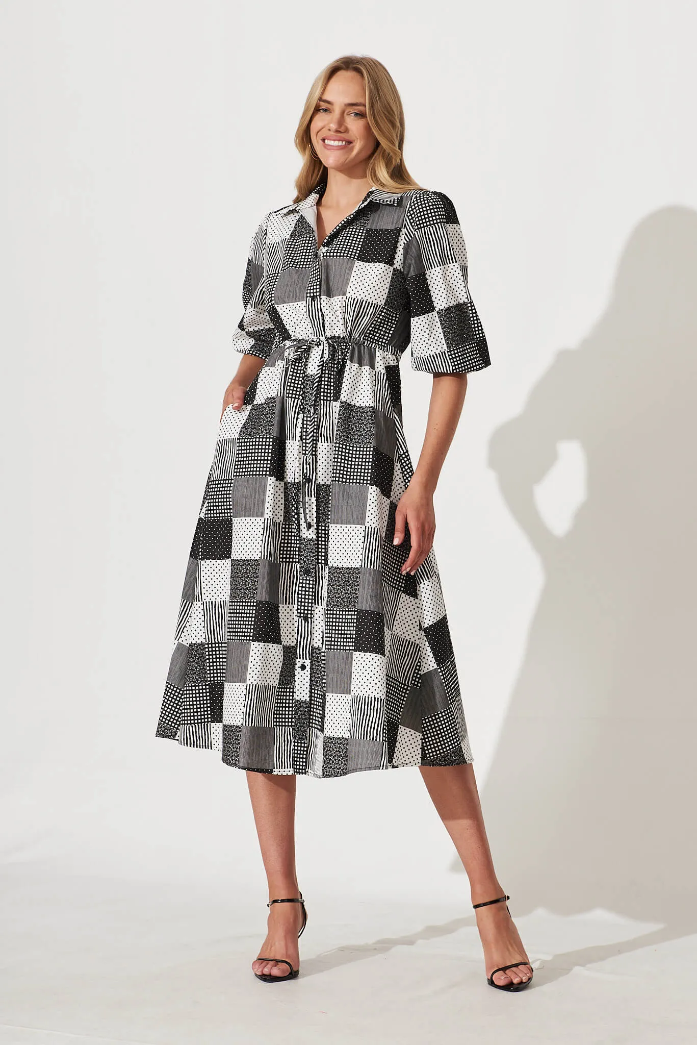 Davina Midi Shirt Dress In Black And White Patchwork Cotton sold by St Frock