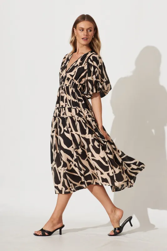 Amalie Midi Dress In Black With Beige Swirl Print sold by St Frock