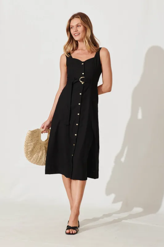 Eternity Midi Dress In Black Linen Cotton Blend sold by St Frock