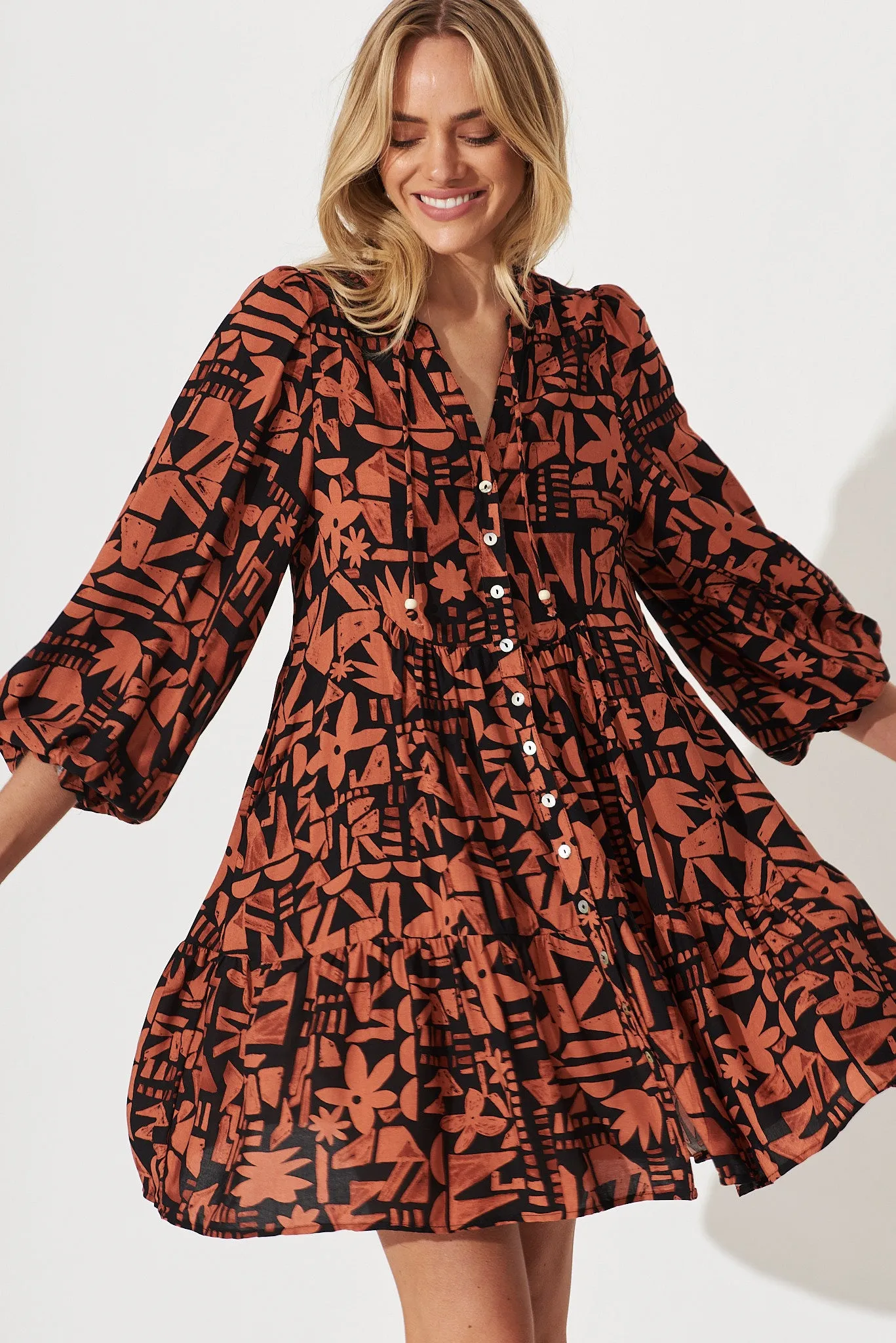 Solana Smock Dress In Black With Rust Floral sold by St Frock product image thumbnail 2