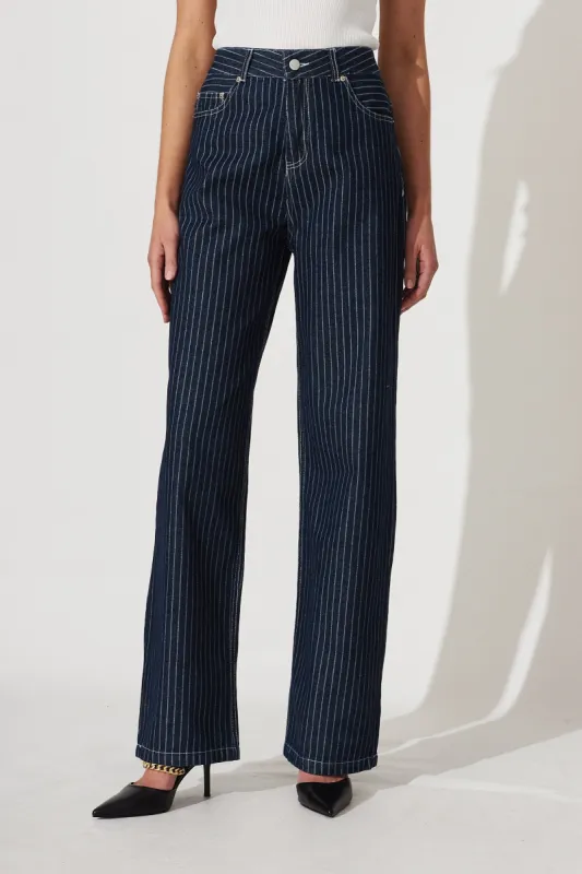 Bianca Wide Leg Jean In Dark Blue Denim Pinstripe sold by St Frock