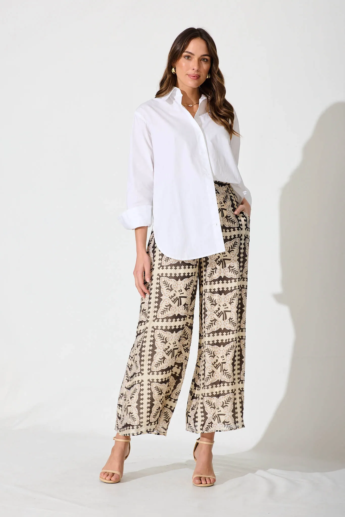 Goldie Wide Leg Pant In Beige With Black Tile Cotton Blend sold by St Frock product image thumbnail 4