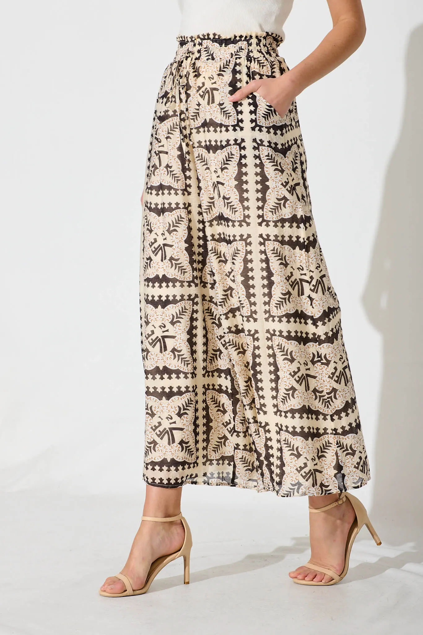 Goldie Wide Leg Pant In Beige With Black Tile Cotton Blend sold by St Frock product image thumbnail 2