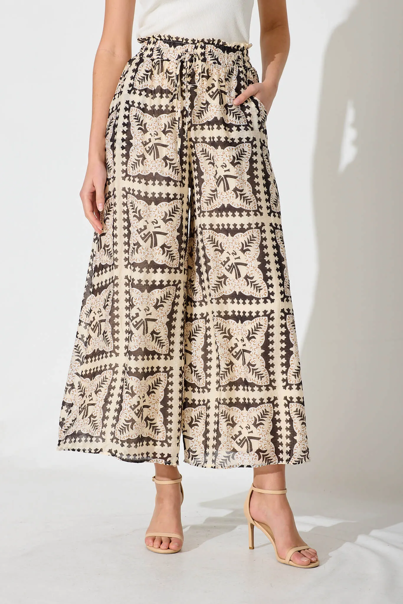 Goldie Wide Leg Pant In Beige With Black Tile Cotton Blend sold by St Frock