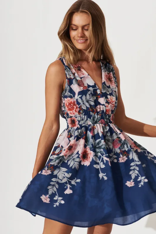 Paradise City Dress In Navy With Multi Floral Print sold by St Frock